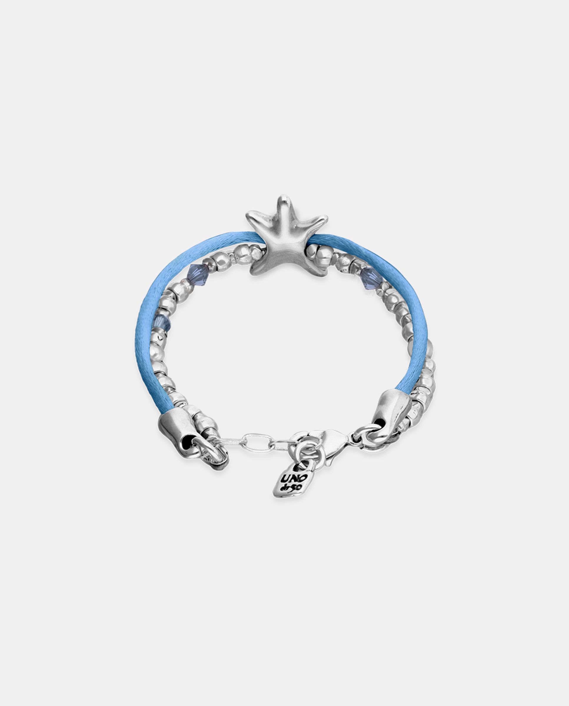 Pulseira com Bolas Prateadas, Cristais Facetados Azuis, Abalório Estrela e Fio de Seda Azul Prata-2