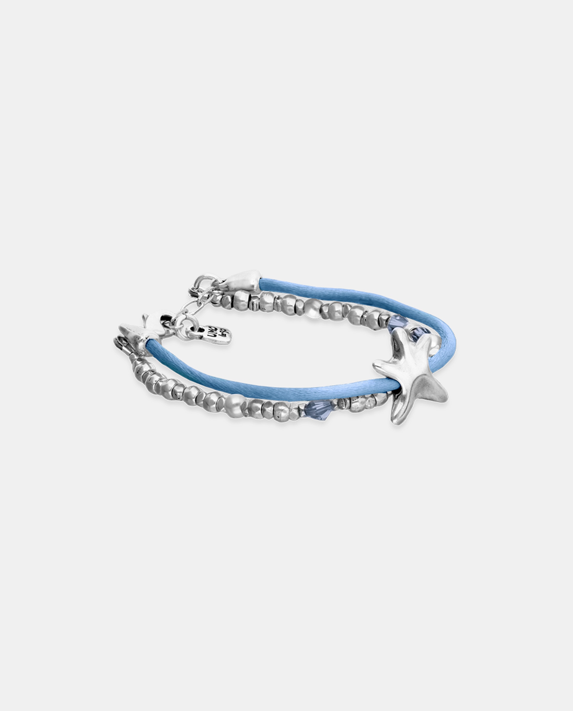 Pulseira com Bolas Prateadas, Cristais Facetados Azuis, Abalório Estrela e Fio de Seda Azul Prata-3