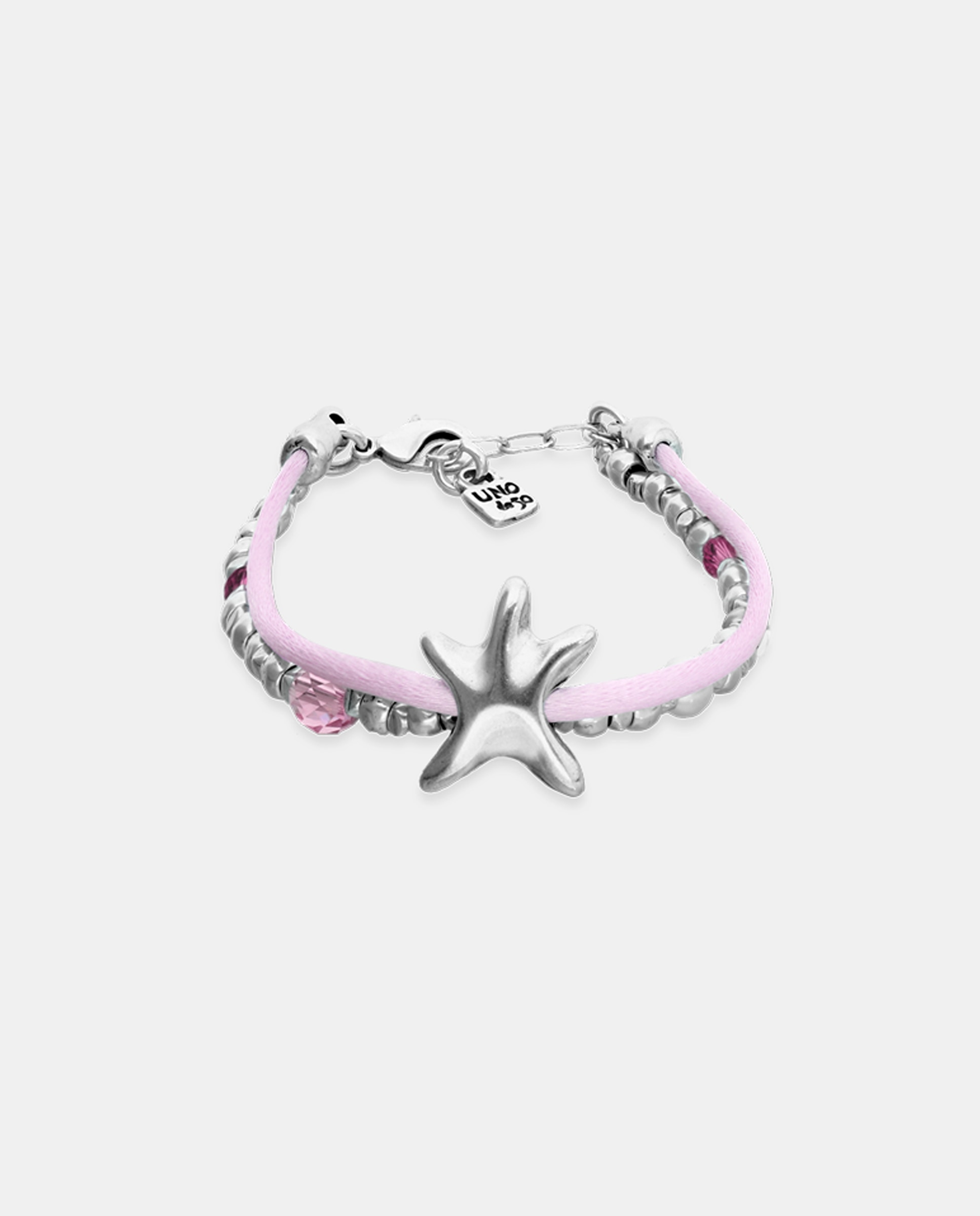 Pulseira com Bolas Prateadas, Cristais Facetados Rosa, Abalório Estrela e Fio de Seda Rosa Prata-1