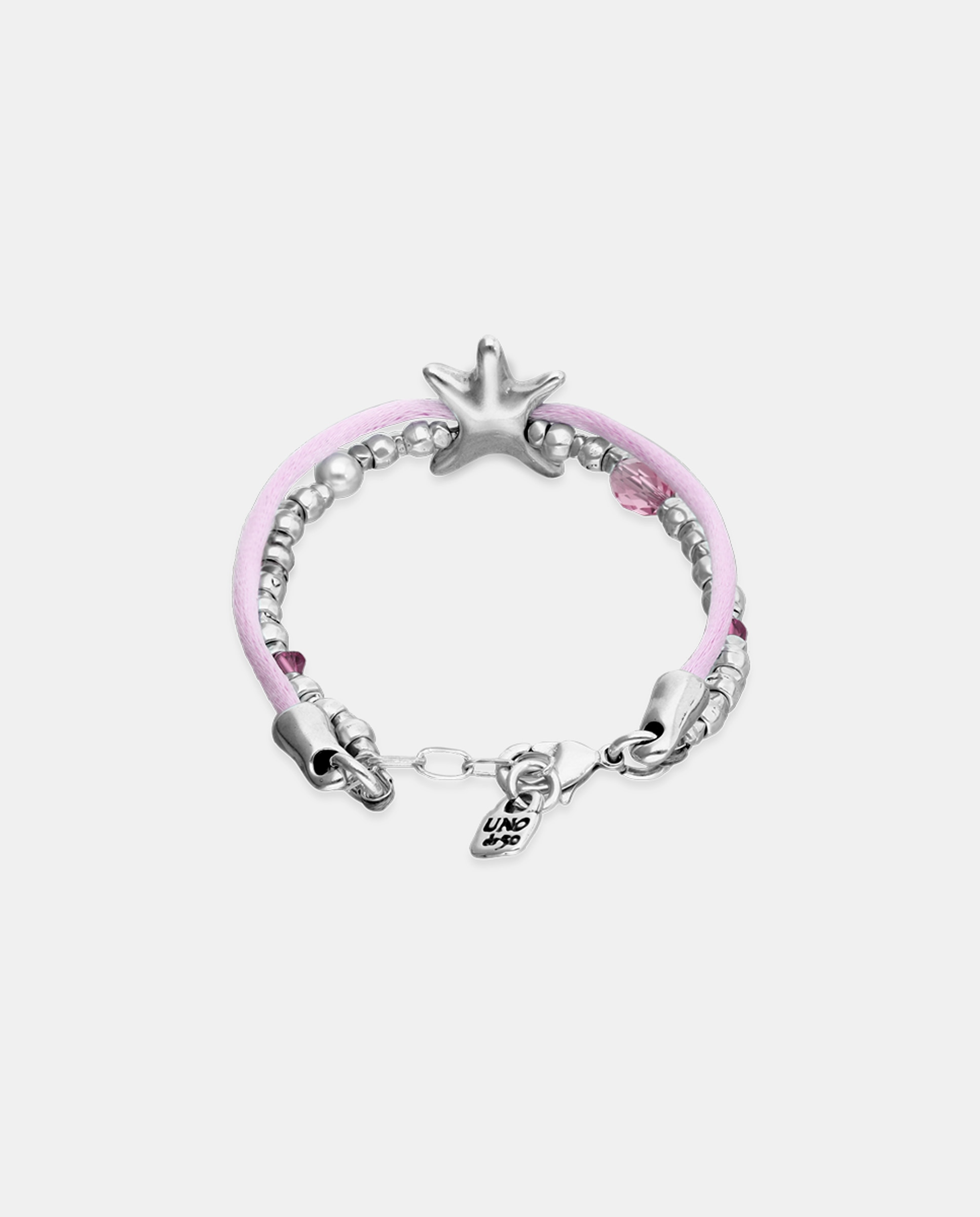 Pulseira com Bolas Prateadas, Cristais Facetados Rosa, Abalório Estrela e Fio de Seda Rosa Prata-2