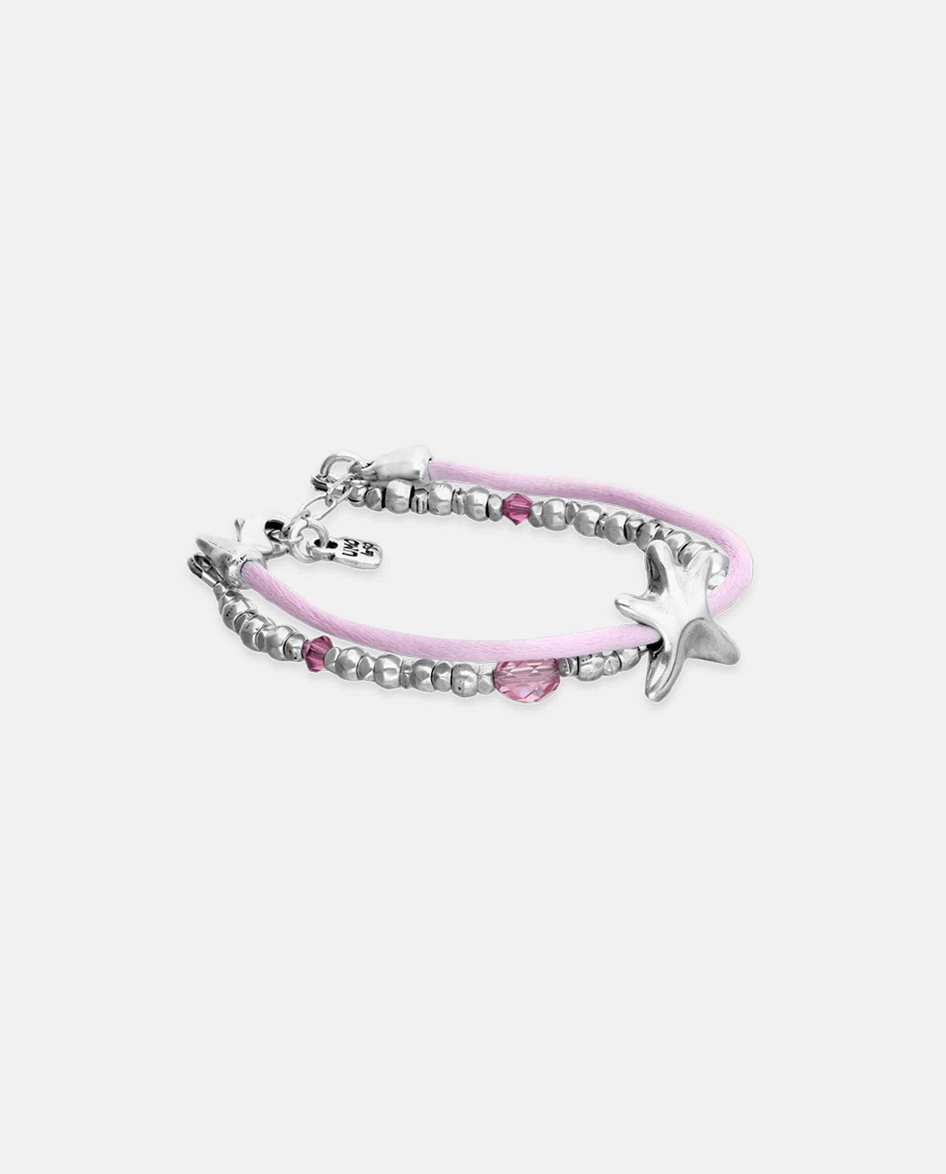 Pulseira com Bolas Prateadas, Cristais Facetados Rosa, Abalório Estrela e Fio de Seda Rosa Prata-3