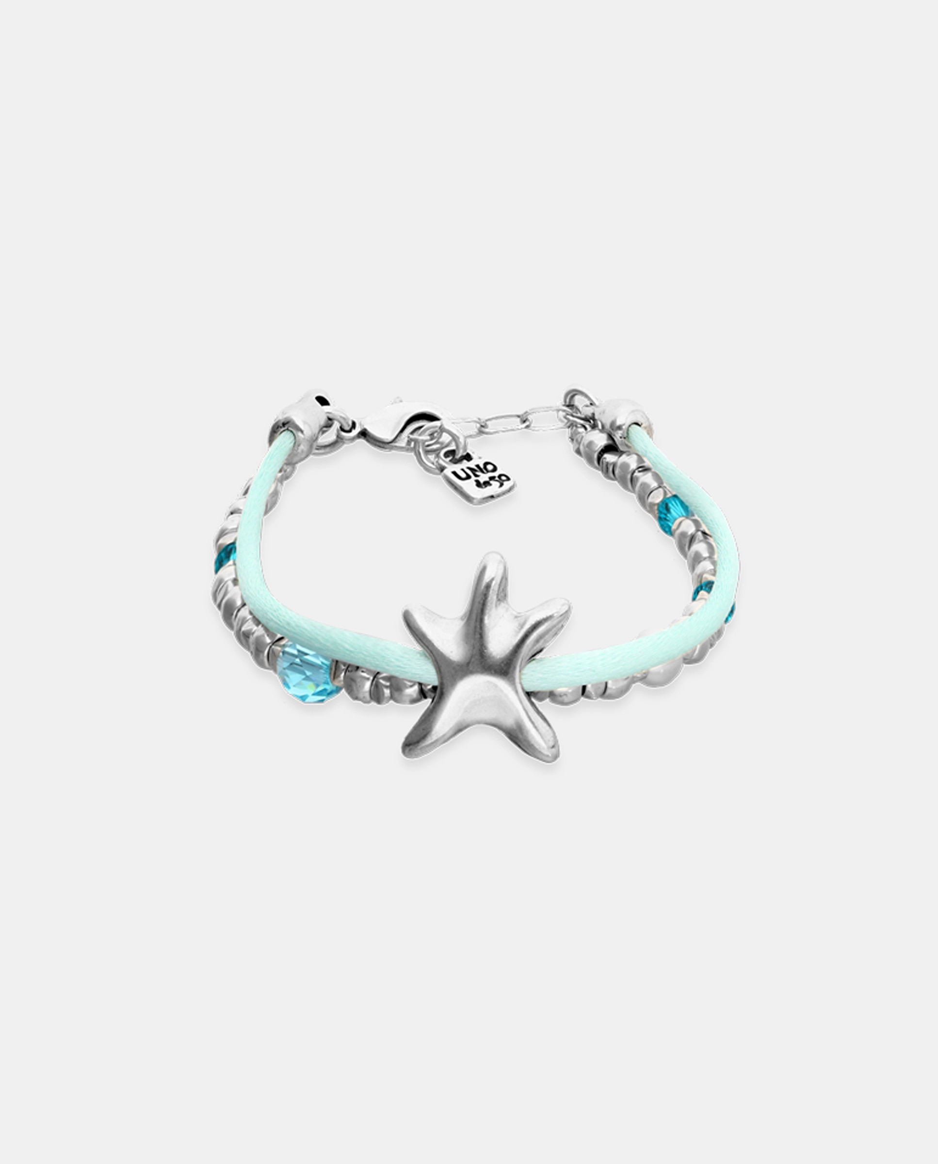 Pulseira com Bolas Prateadas, Cristais Facetados Verdes, Abalório Estrela e Fio de Seda Verde Prata-1