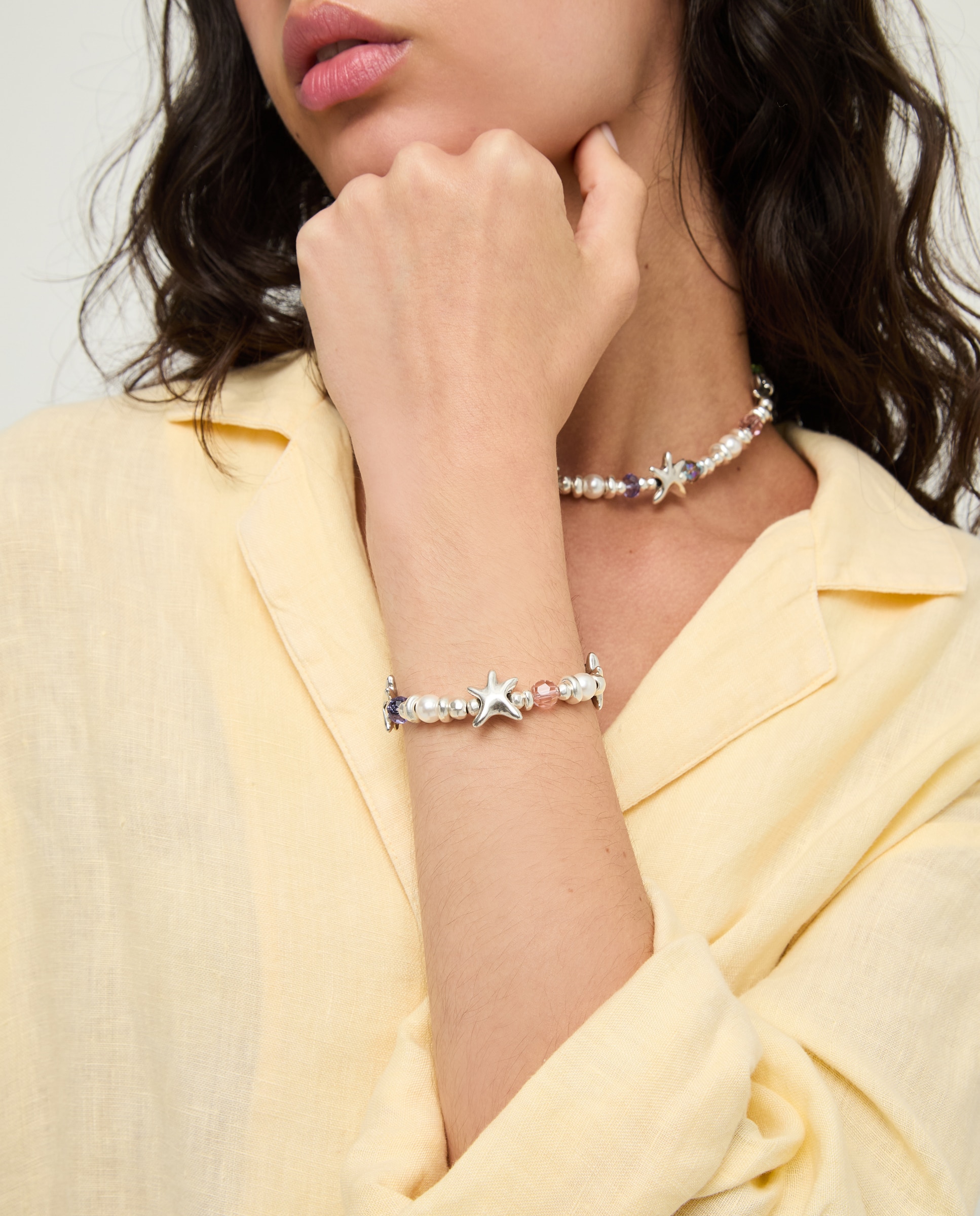 Pulseira Banhada a Prata com Estrela e Cristais Facetados Multicolores Prata-4