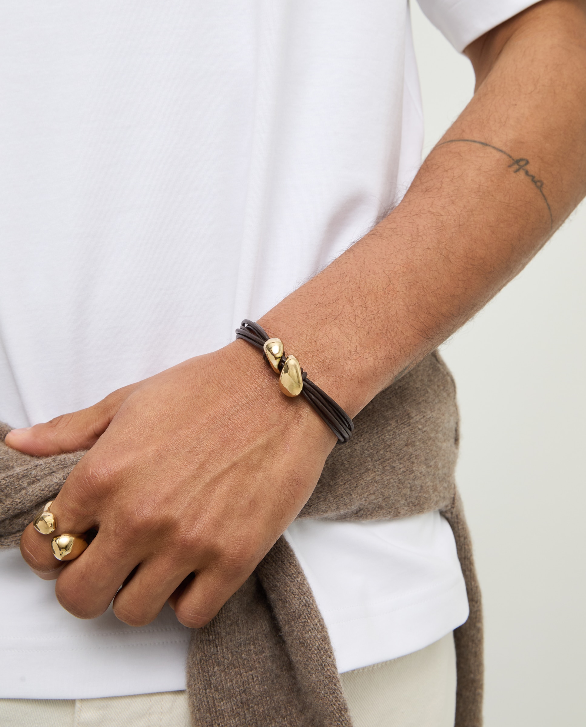 Pulseira de Couro com Duas Gotas Banhadas em Ouro 18k Ouro-4