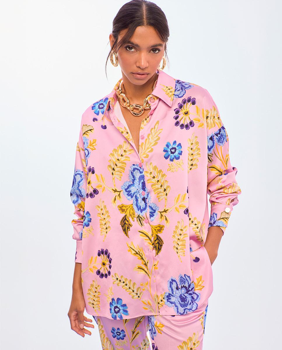 Imagem 0 de Camisa Oversize em Tecido Acetinado com Print de Flores