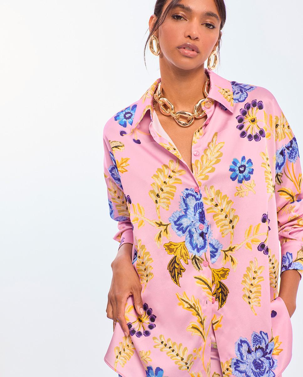 Camisa Oversize em Tecido Acetinado com Print de Flores Rosa-claro-2