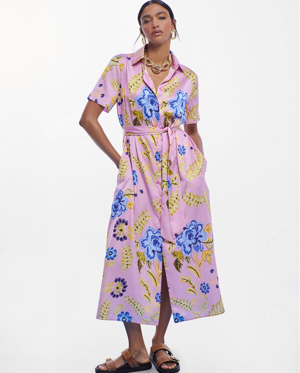 Imagem 0 de Vestido Midi Acetinado Tipo Camisa com Print de Flores