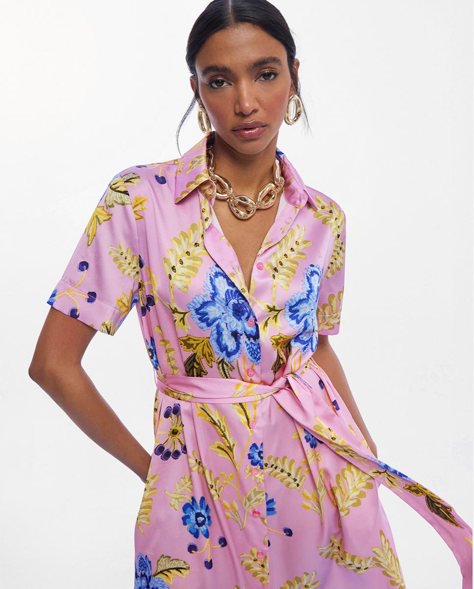Vestido Midi Acetinado Tipo Camisa com Print de Flores Rosa-claro-2