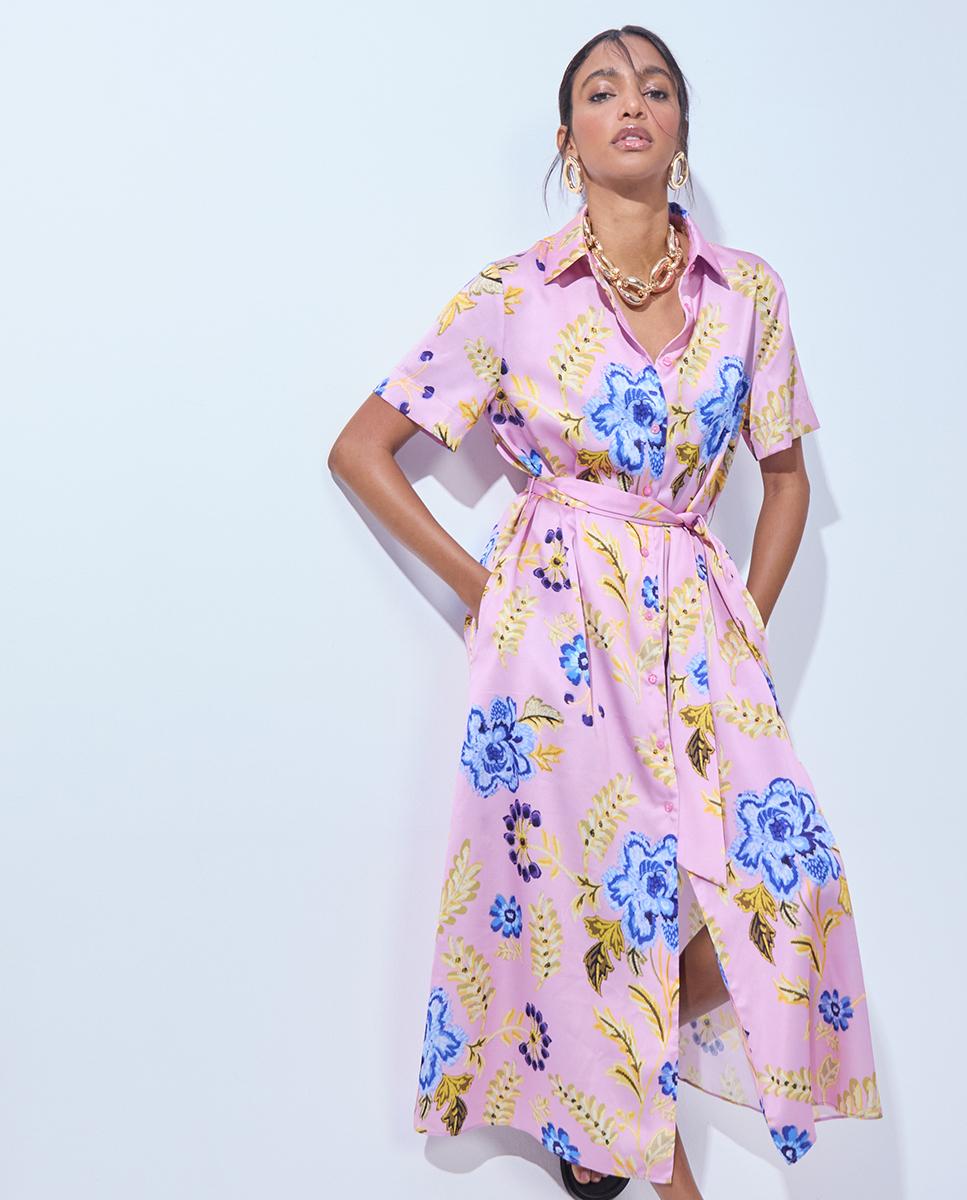 Vestido Midi Acetinado Tipo Camisa com Print de Flores Rosa-claro-3