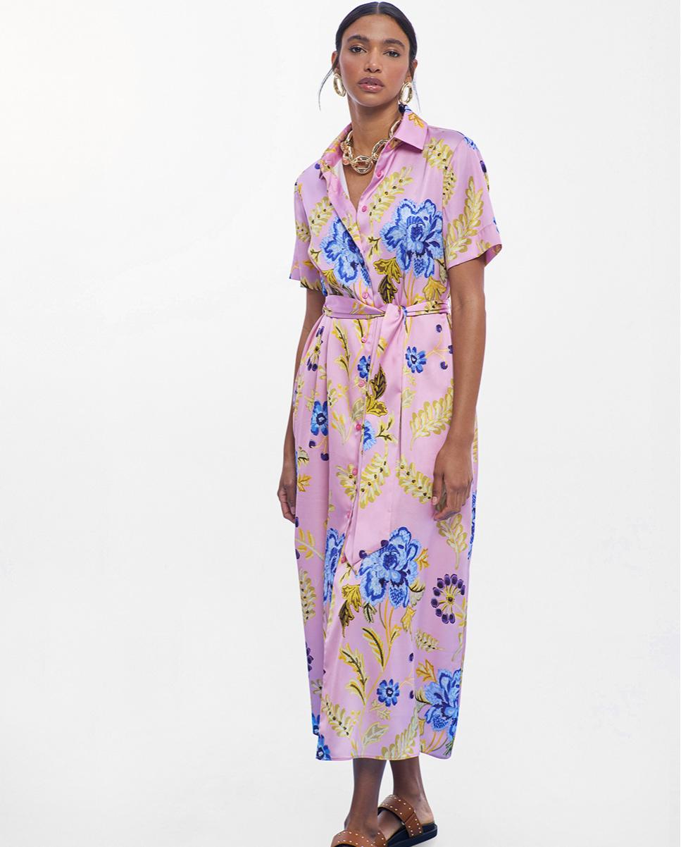 Vestido Midi Acetinado Tipo Camisa com Print de Flores Rosa-claro-4