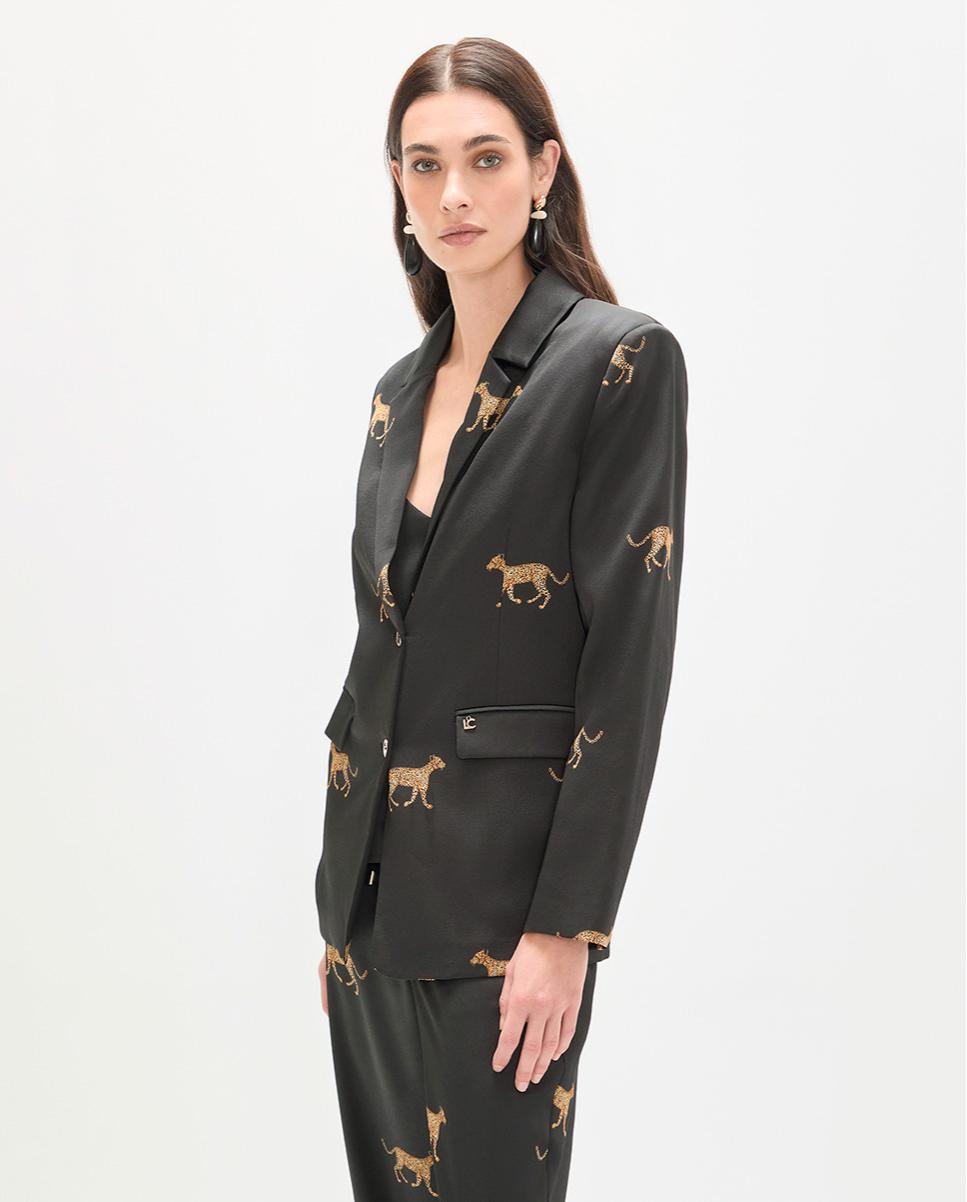 Blazer Estampado em Tecido Acetinado Preto-3