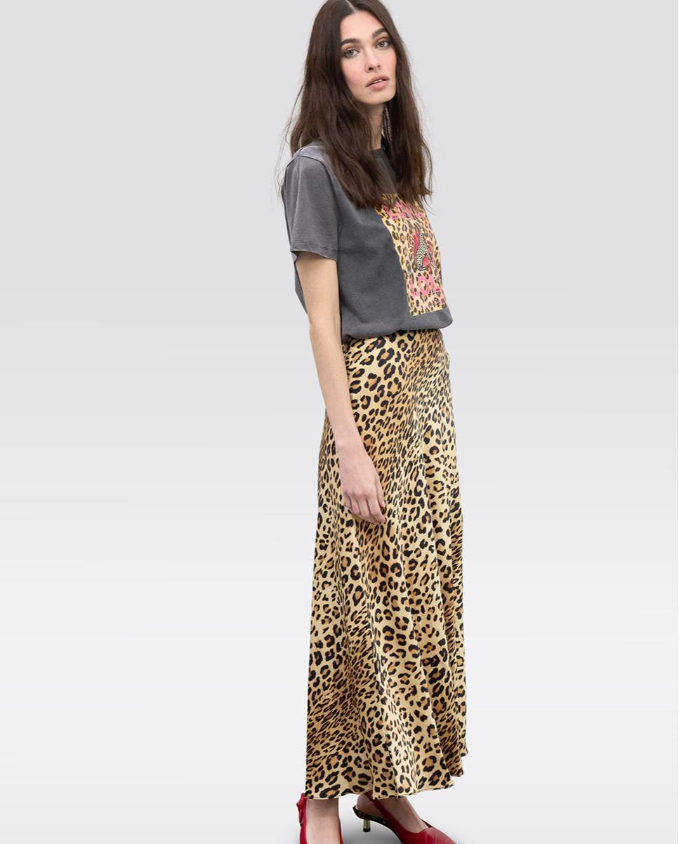 Saia Comprida Acetinada em Animal Print Preto / Natural-3
