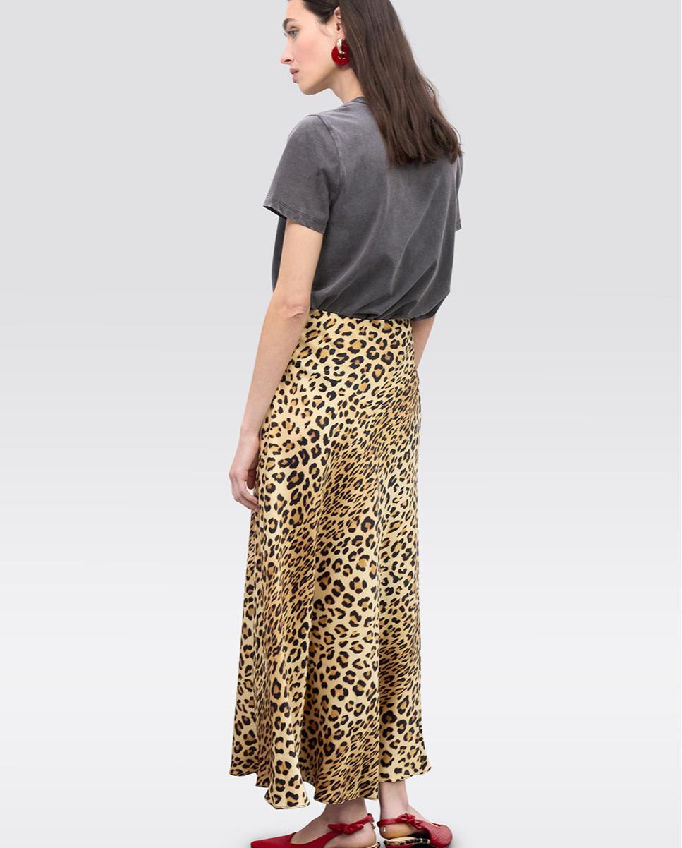 Saia Comprida Acetinada em Animal Print Preto / Natural-4