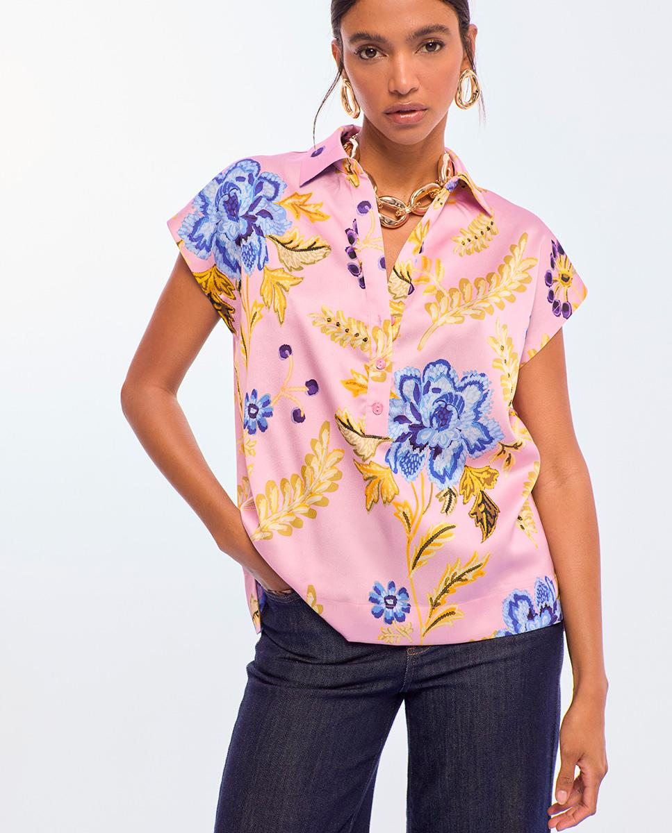 Blusa de Manga Curta com Print de Flores Rosa-claro-1