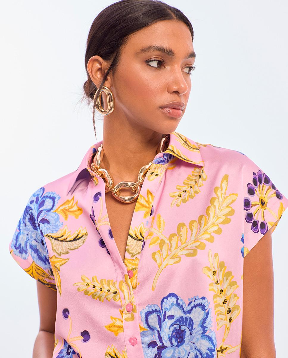 Blusa de Manga Curta com Print de Flores Rosa-claro-2