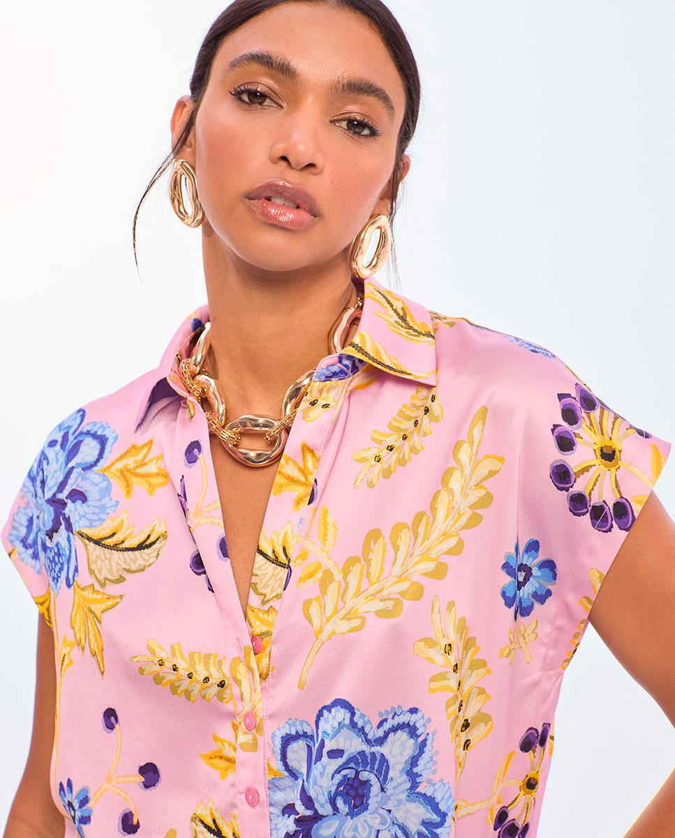 Blusa de Manga Curta com Print de Flores Rosa-claro-3