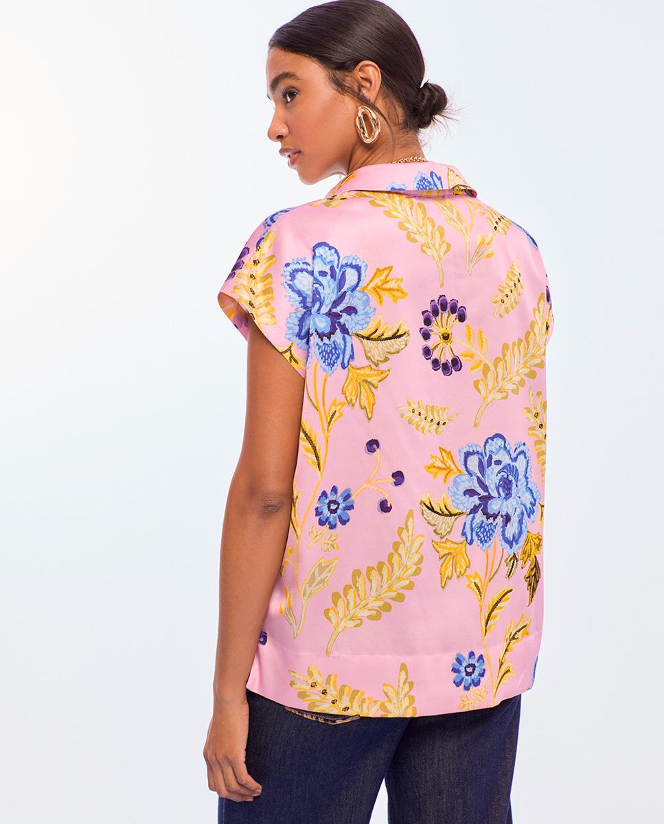 Blusa de Manga Curta com Print de Flores Rosa-claro-4