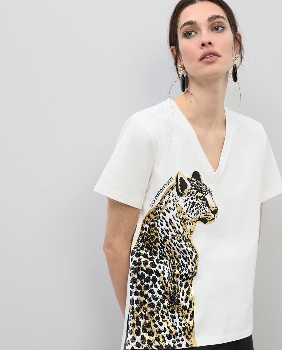 T-shirt com Decote em V e Animal com Abalorios Branco-1