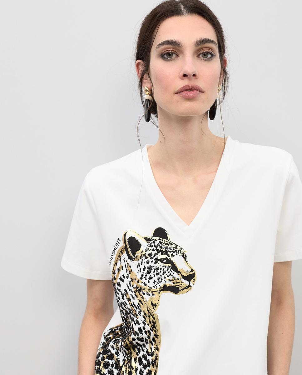 T-shirt com Decote em V e Animal com Abalorios Branco-2