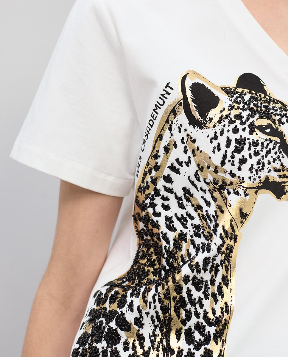 T-shirt com Decote em V e Animal com Abalorios Branco-3