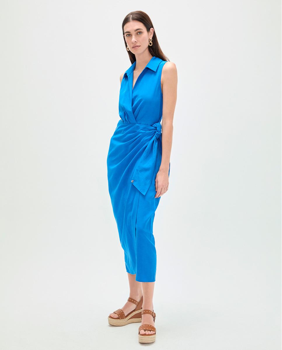 Vestido Midi com Gola Tipo Camisa e Nó Azul-2