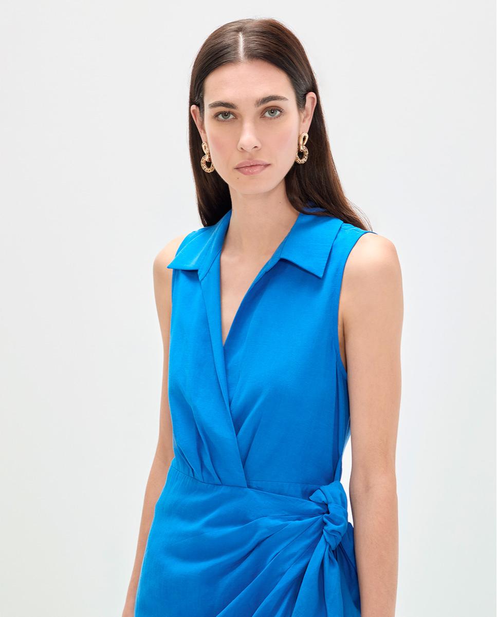 Vestido Midi com Gola Tipo Camisa e Nó Azul-3