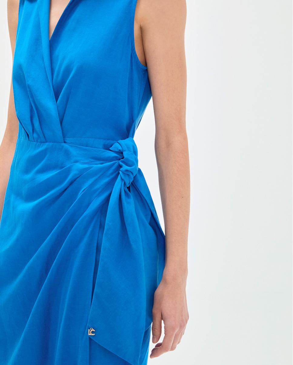 Vestido Midi com Gola Tipo Camisa e Nó Azul-4