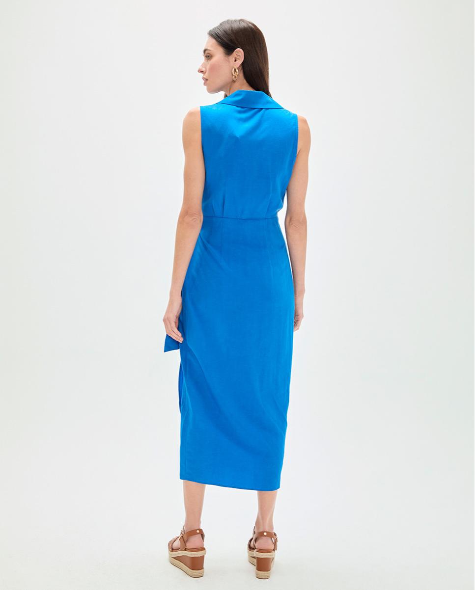 Vestido Midi com Gola Tipo Camisa e Nó Azul-5