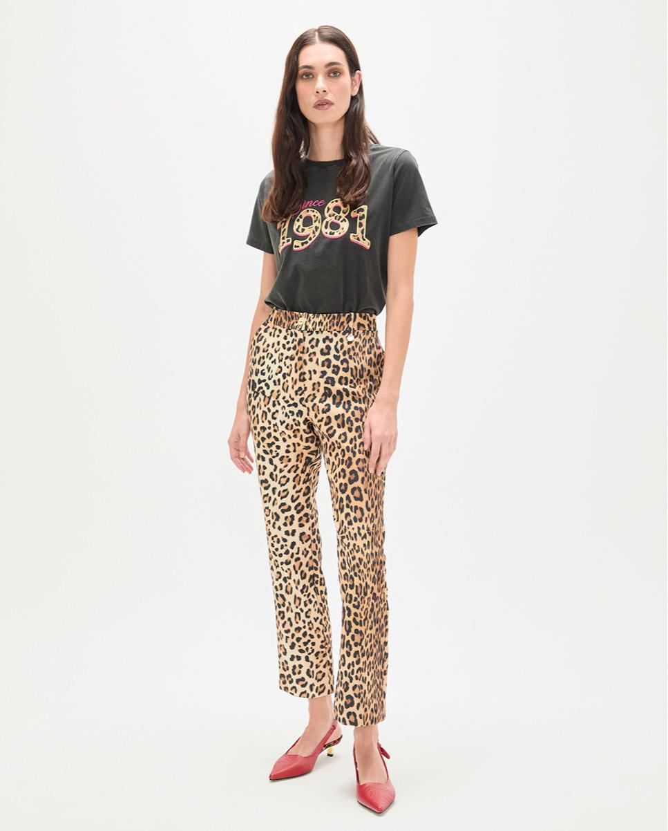 Calças à Boca de Sino Animal Print de Cintura Subida Preto / Natural-1