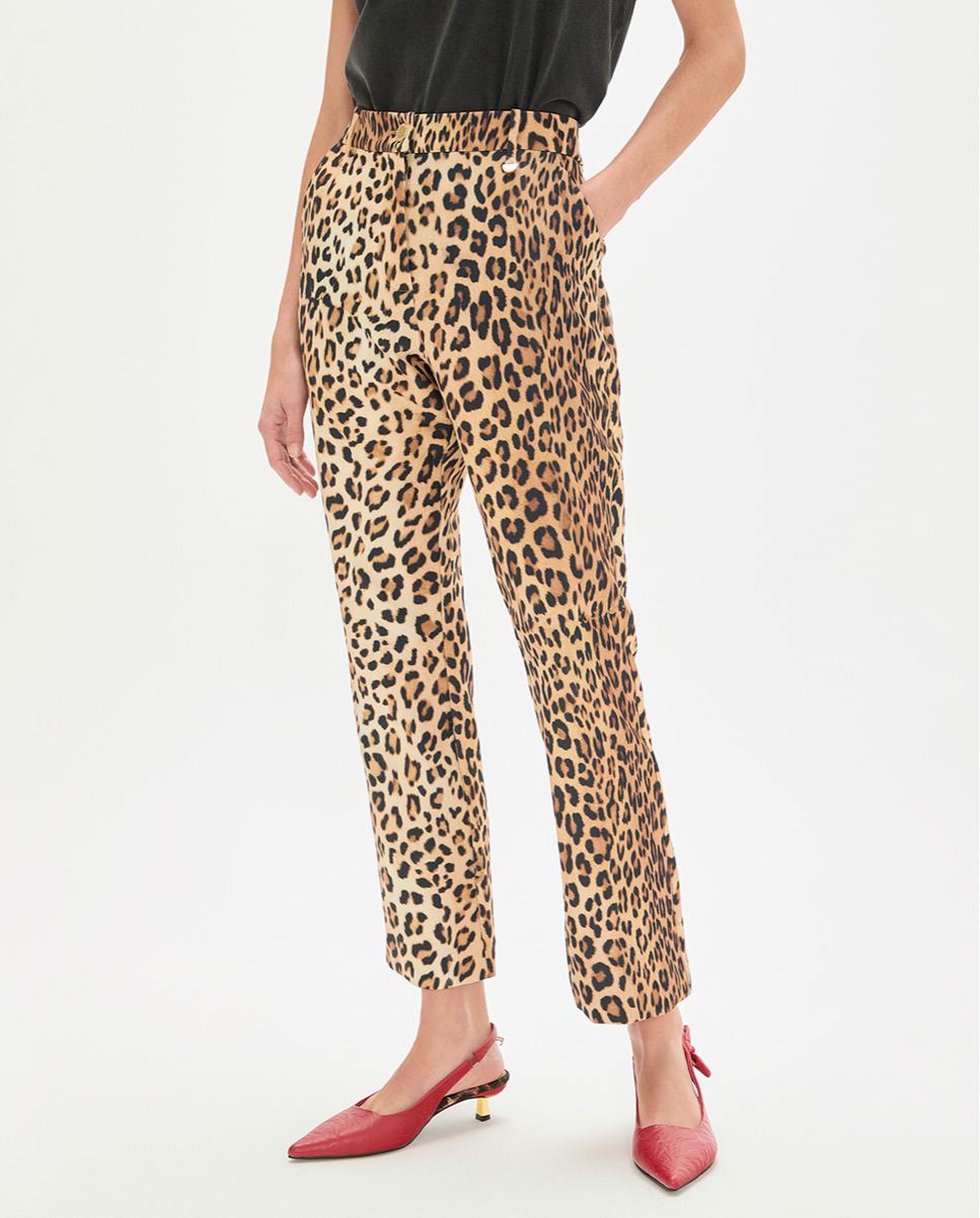 Calças à Boca de Sino Animal Print de Cintura Subida Preto / Natural-2
