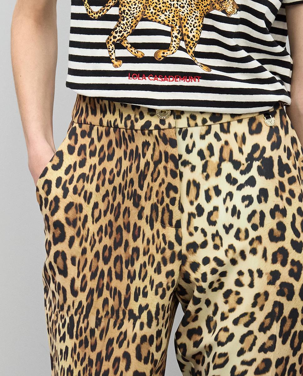 Calças à Boca de Sino Animal Print de Cintura Subida Preto / Natural-6
