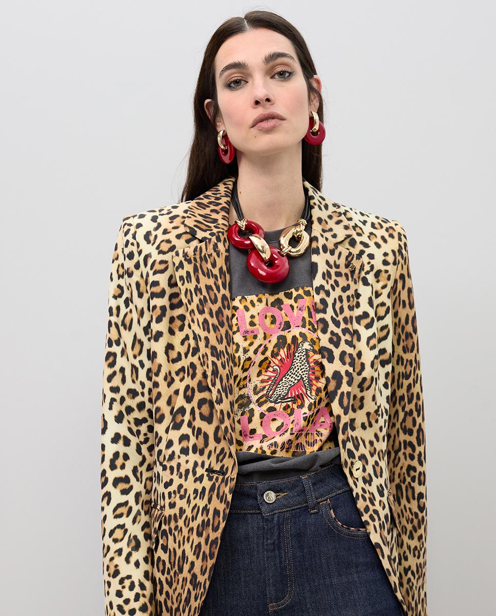 Blazer Ajustado Animal Print Preto / Natural-1