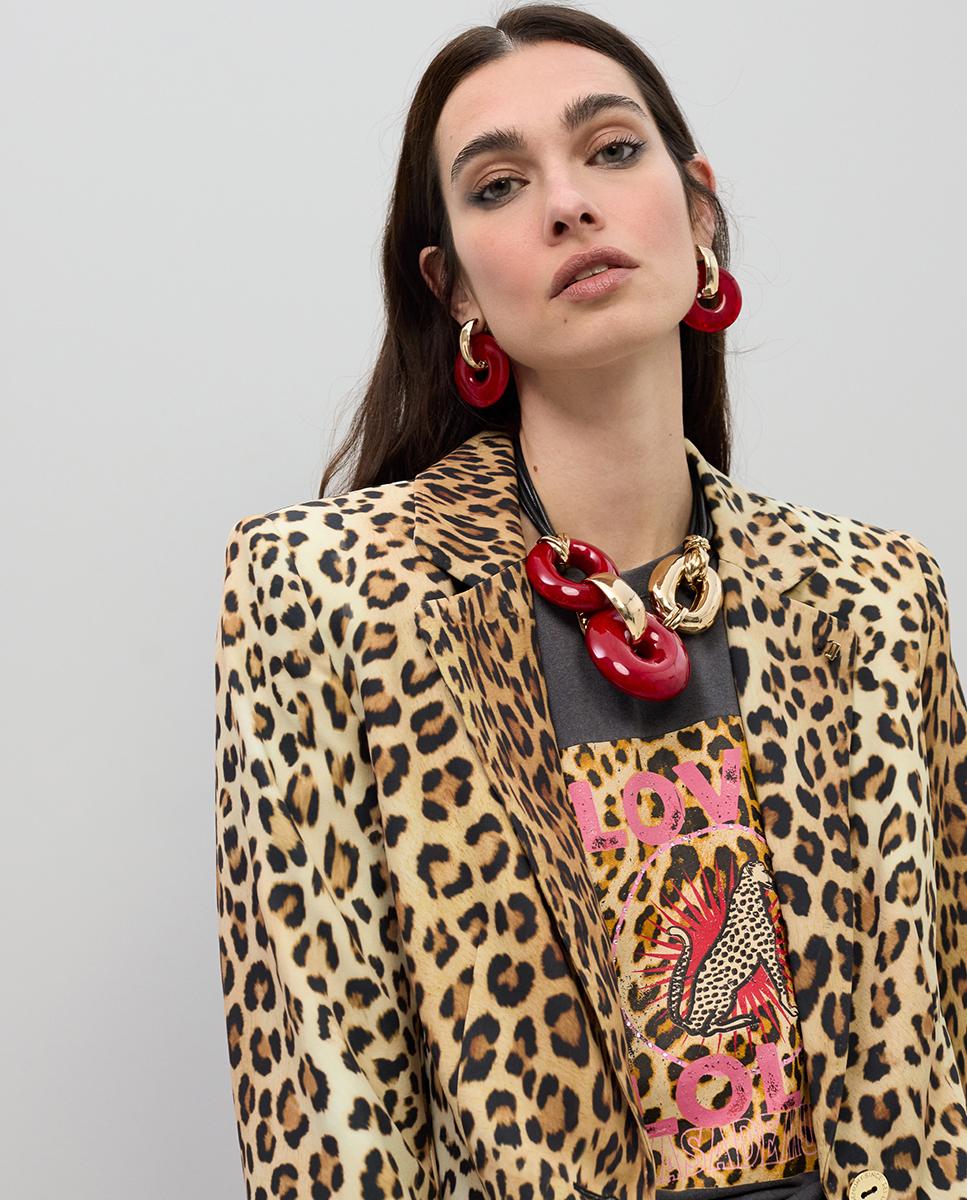 Blazer Ajustado Animal Print Preto / Natural-2