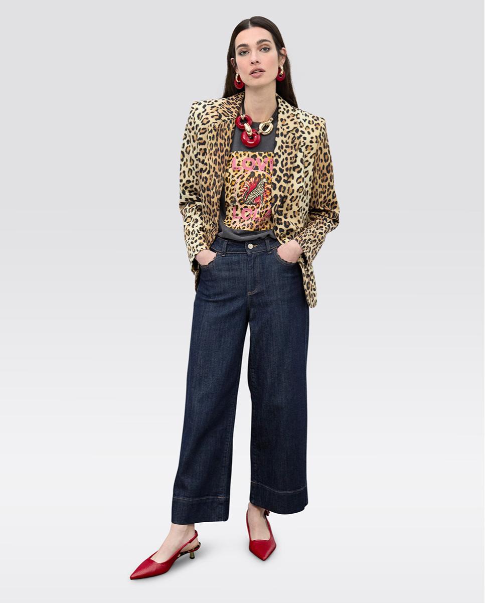 Blazer Ajustado Animal Print Preto / Natural-3