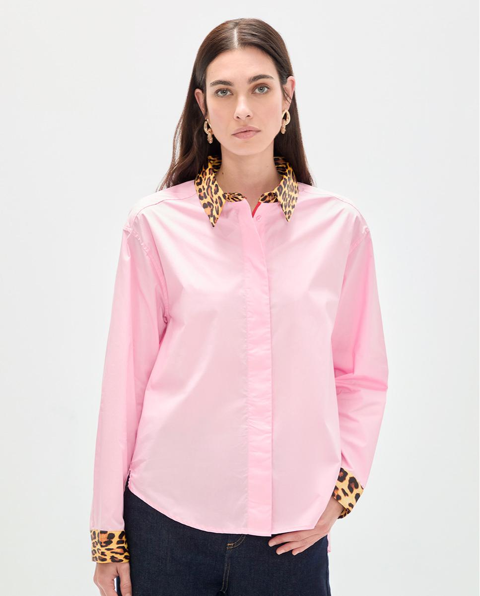Imagem 0 de Camisa de Popelina com Punhos e Gola Animal Print em Contraste