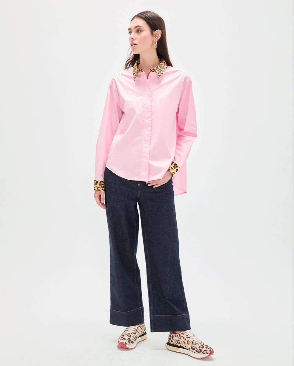 Camisa de Popelina com Punhos e Gola Animal Print em Contraste Rosa-claro-2