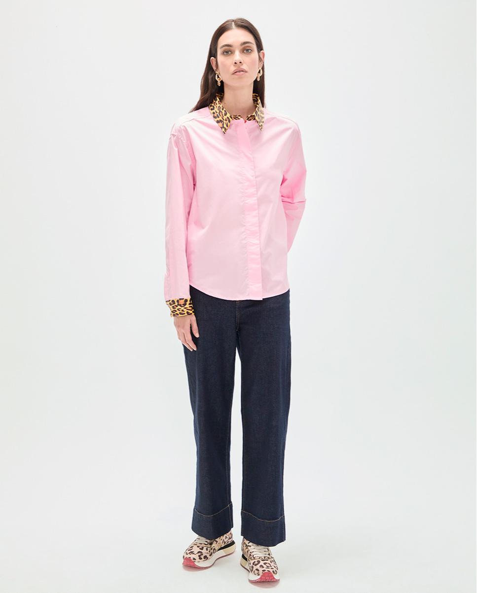 Camisa de Popelina com Punhos e Gola Animal Print em Contraste Rosa-claro-3