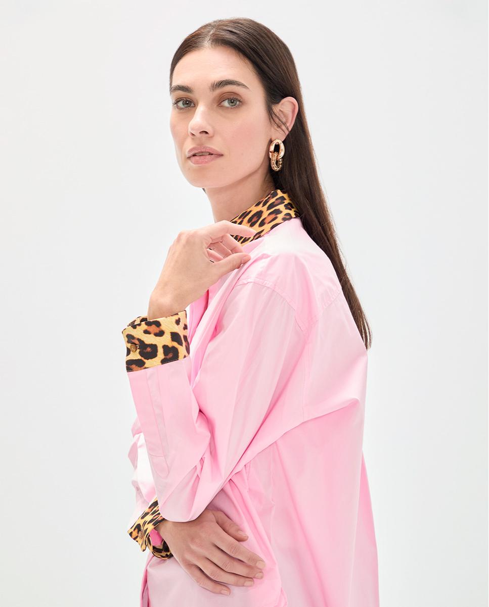 Camisa de Popelina com Punhos e Gola Animal Print em Contraste Rosa-claro-4
