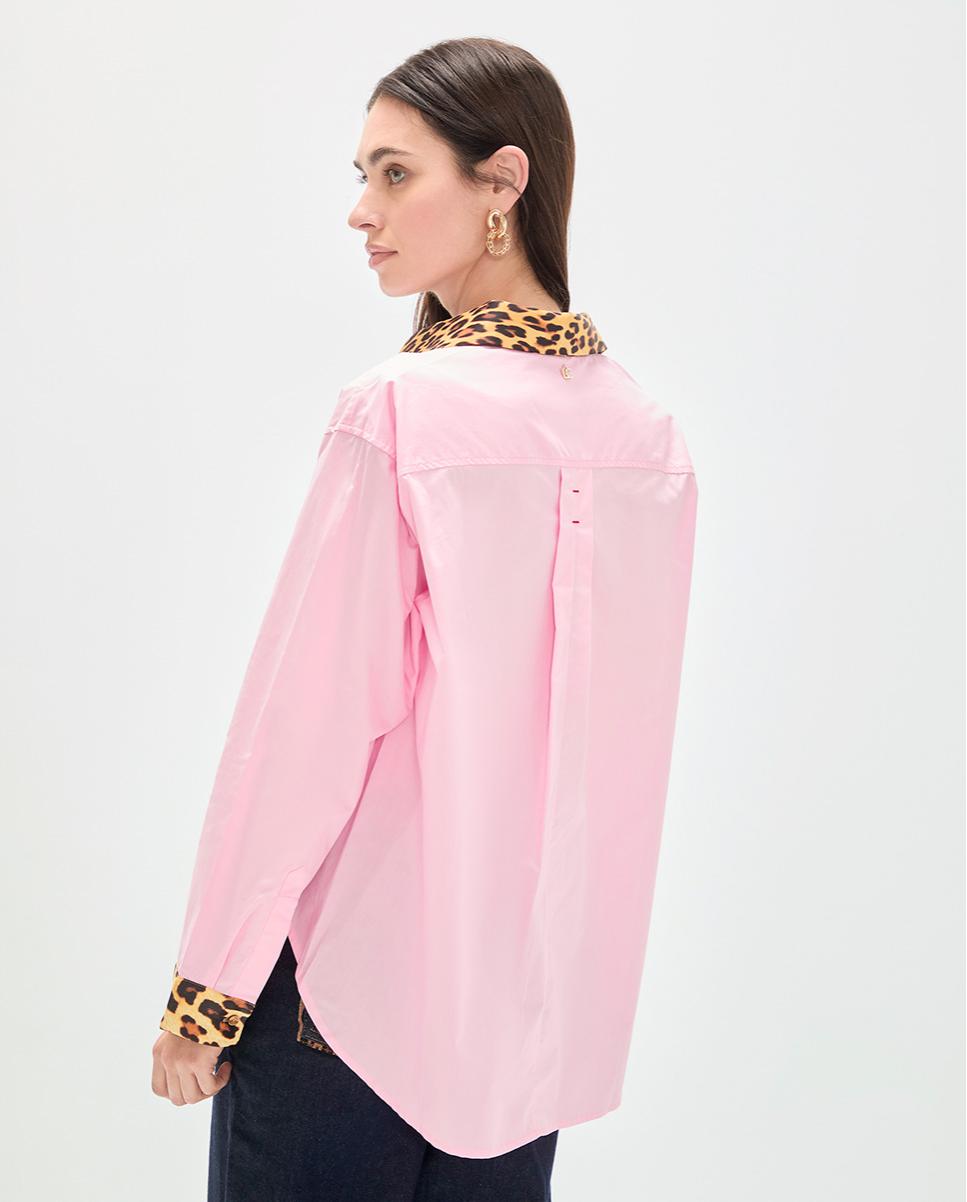 Camisa de Popelina com Punhos e Gola Animal Print em Contraste Rosa-claro-5
