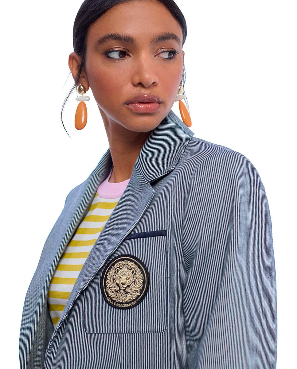 Blazer às Riscas com Escudo Bordado Cinzento-2