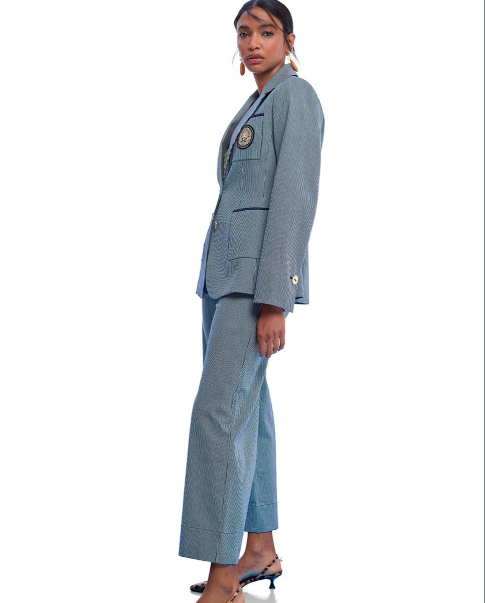 Blazer às Riscas com Escudo Bordado Cinzento-5