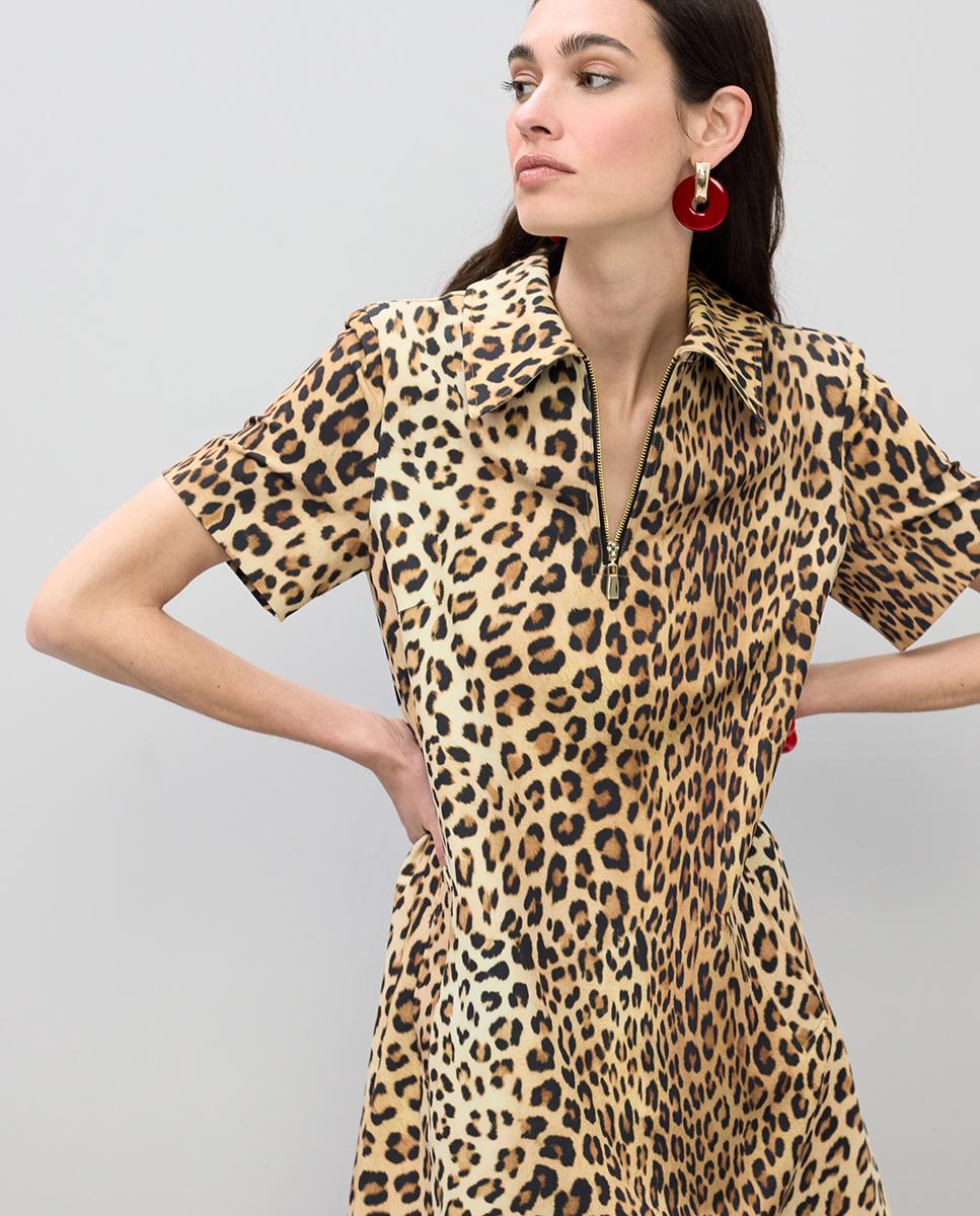 Vestido Tipo Camisa Curto Animal Print Preto / Natural-2
