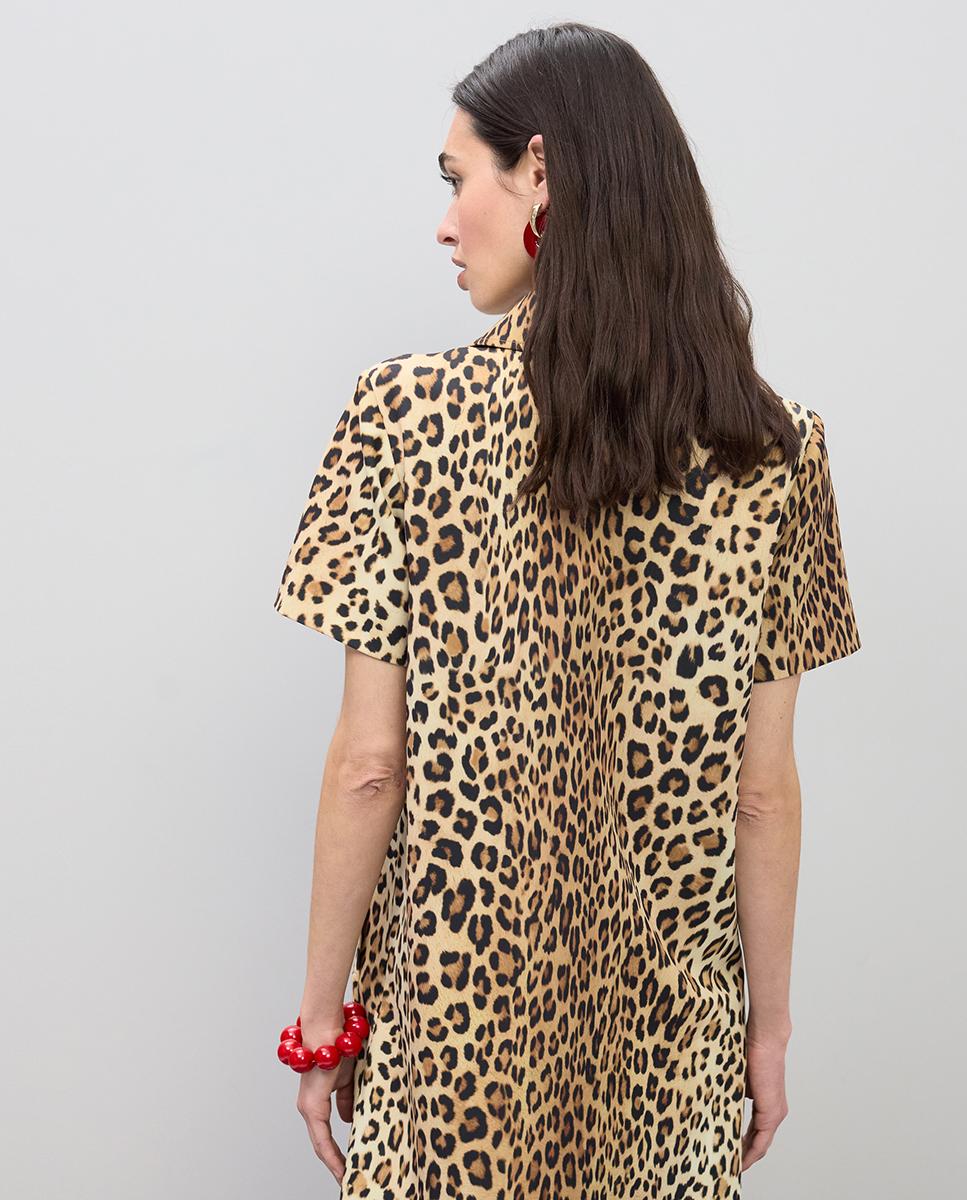 Vestido Tipo Camisa Curto Animal Print Preto / Natural-3
