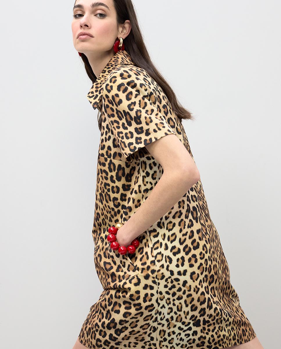 Vestido Tipo Camisa Curto Animal Print Preto / Natural-4