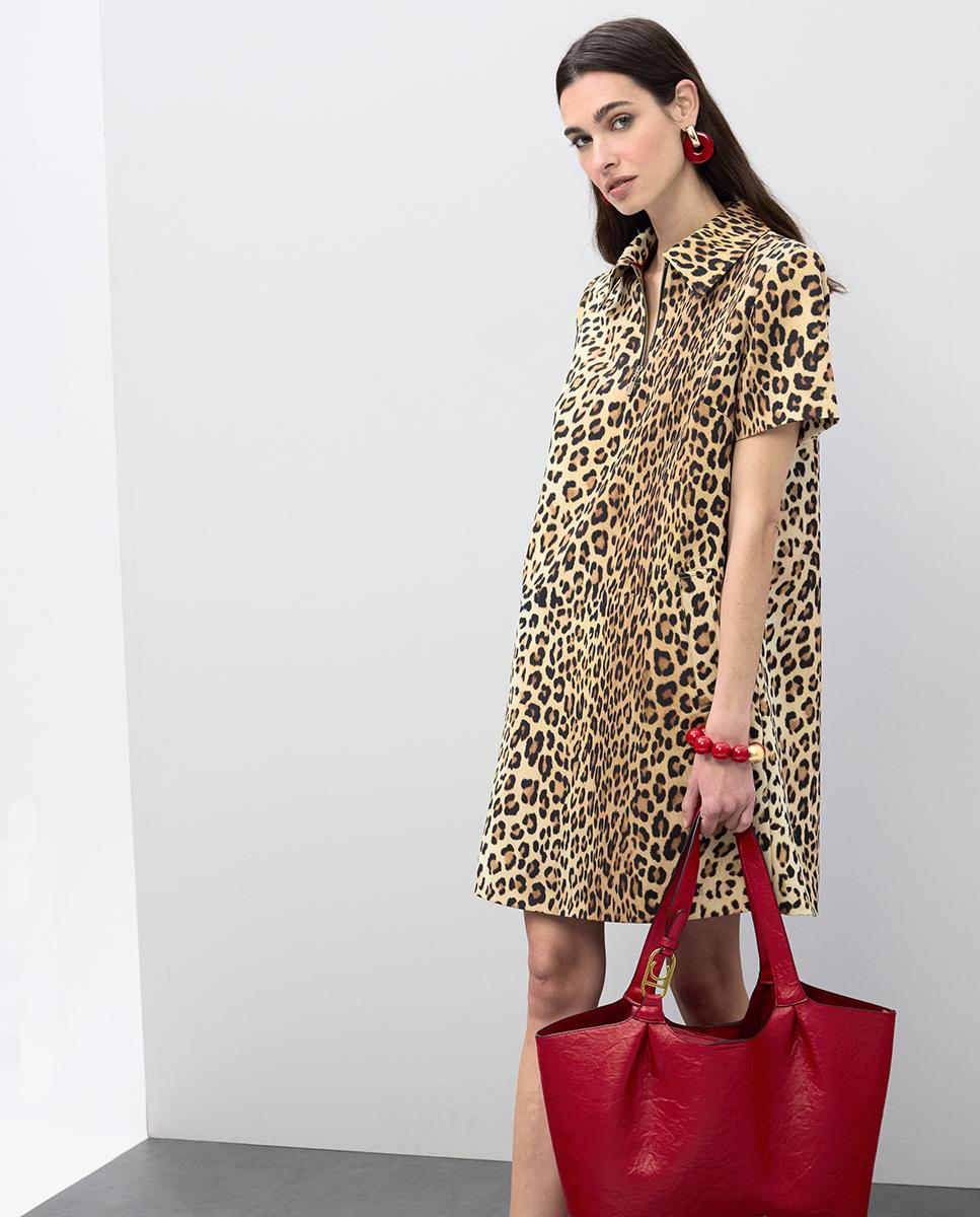 Vestido Tipo Camisa Curto Animal Print Preto / Natural-5
