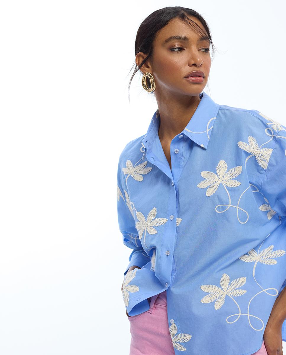 Camisa de Algodão com Bordado de Flores Celeste-2