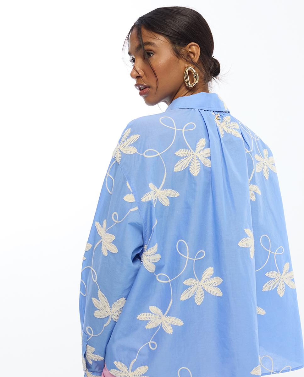 Camisa de Algodão com Bordado de Flores Celeste-4
