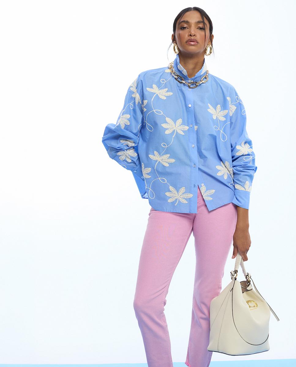 Camisa de Algodão com Bordado de Flores Celeste-5