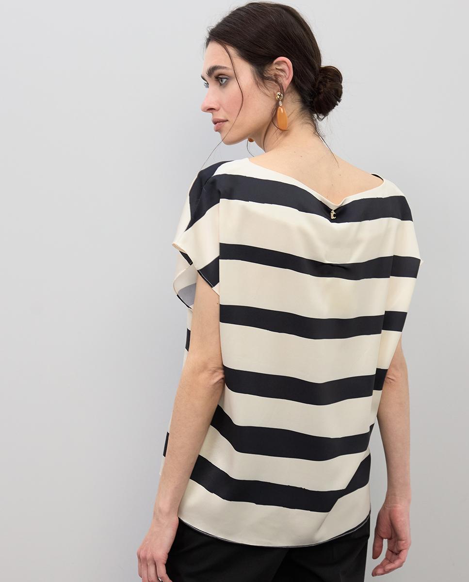 Blusa Acetinada às Riscas Bicolor Preto / Branco-3