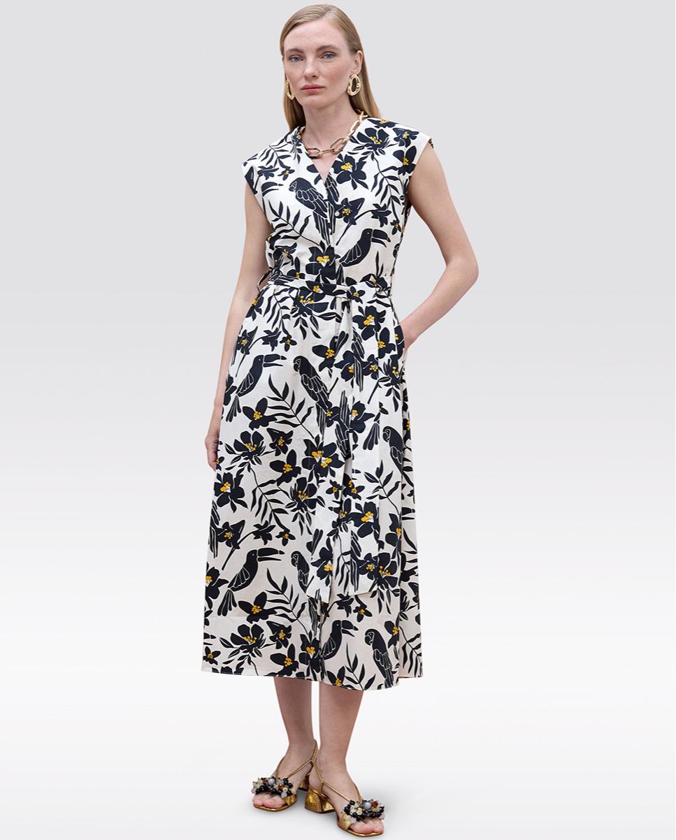 Imagem 0 de Vestido Midi em Popelina Estampado com Cinto Ajustável